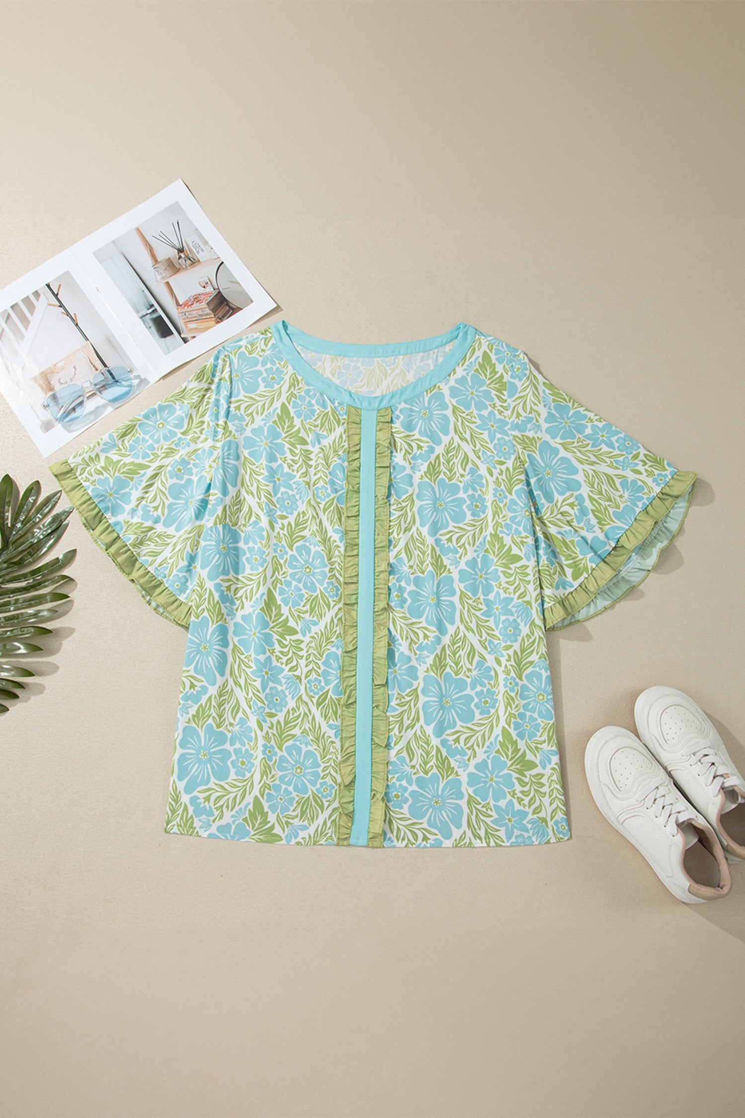 Plus Size Floral Frilled Colorblock Trim Blouse