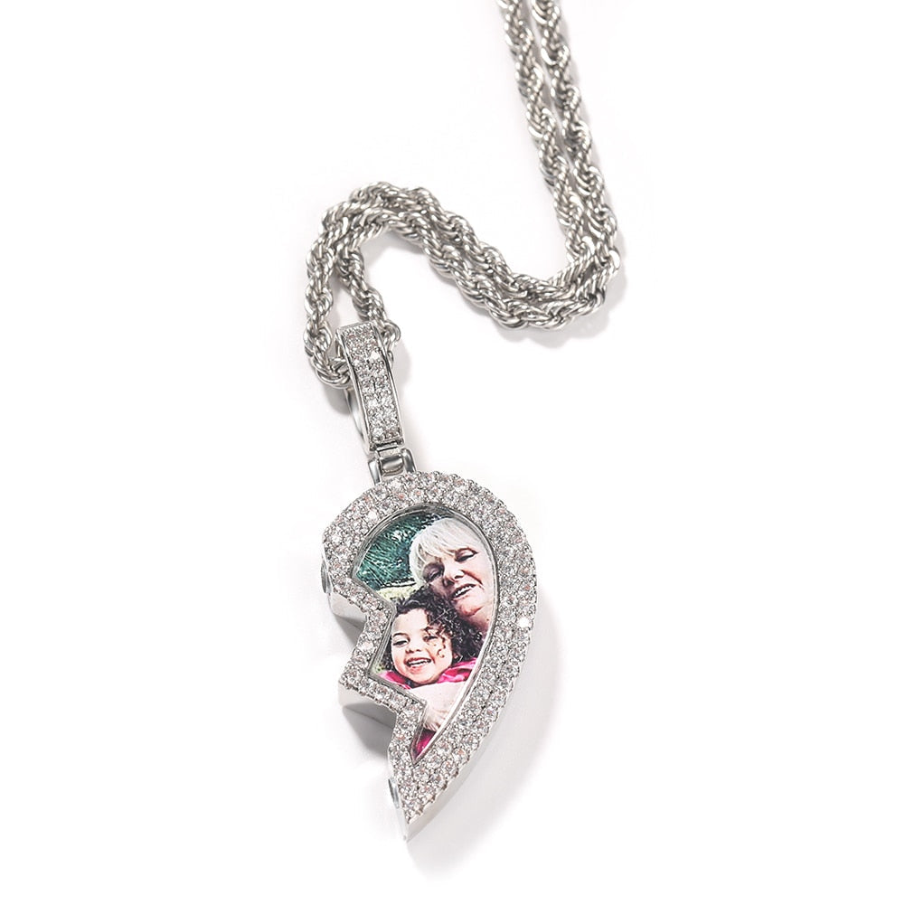 Broken Heart Photo Magnetic Frame Pendant 2 Pictures Hiphop Jewelry