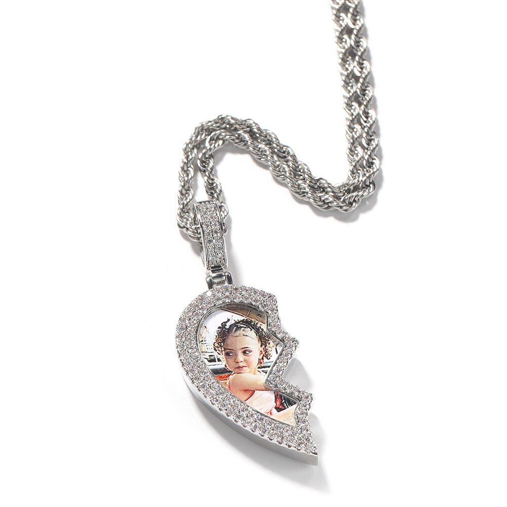 Broken Heart Photo Magnetic Frame Pendant 2 Pictures Hiphop Jewelry