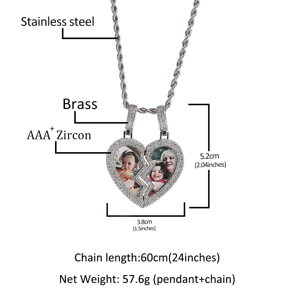 Broken Heart Photo Magnetic Frame Pendant 2 Pictures Hiphop Jewelry