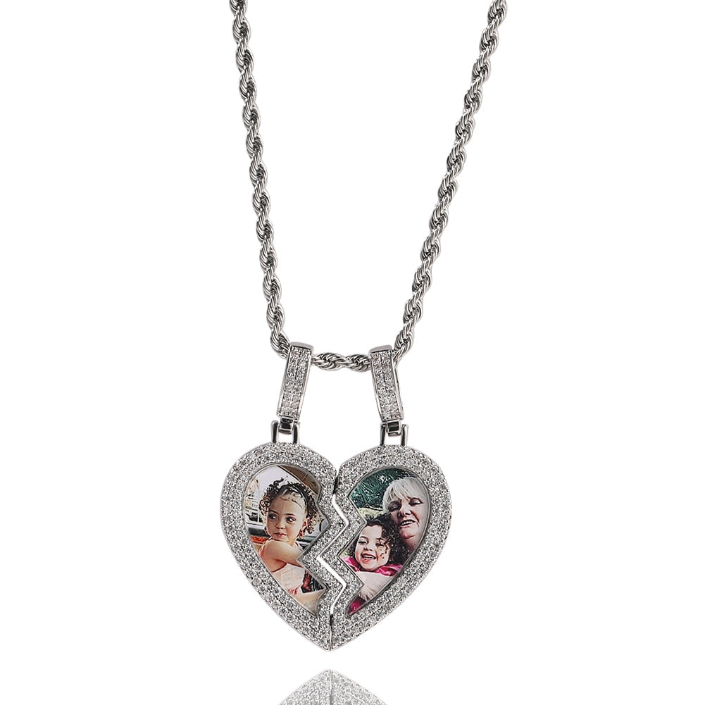 Broken Heart Photo Magnetic Frame Pendant 2 Pictures Hiphop Jewelry