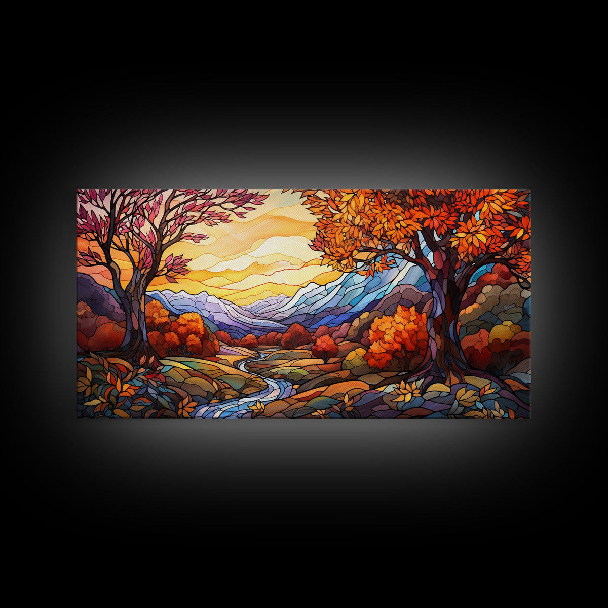 Stained Glass Fall Centerpiece Wall Art Framed Canvas Print, Thanksgiving Decor, Stained Glass Style Art, Farmhouse Decor, Autumn Decor