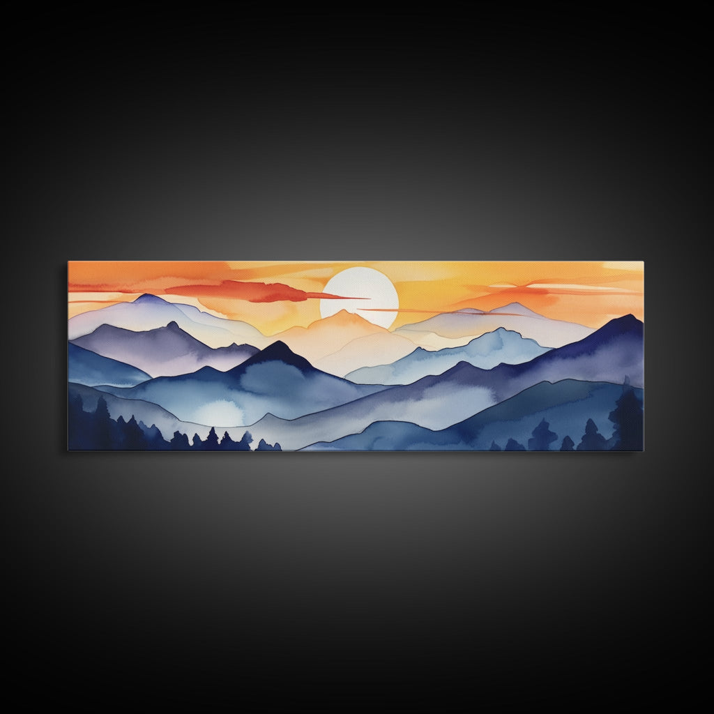 Midcentury Modern Watercolor Painting of a Mountain Sunset, Large Canvas Print, Mountain Artwork, Guest Room Art, Mountain Print, Panoramic