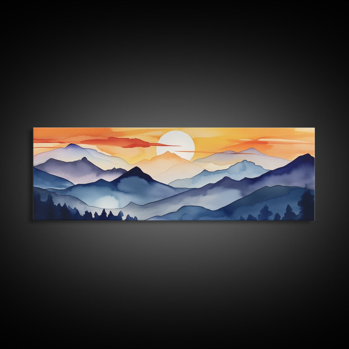 Midcentury Modern Watercolor Painting of a Mountain Sunset, Large Canvas Print, Mountain Artwork, Guest Room Art, Mountain Print, Panoramic
