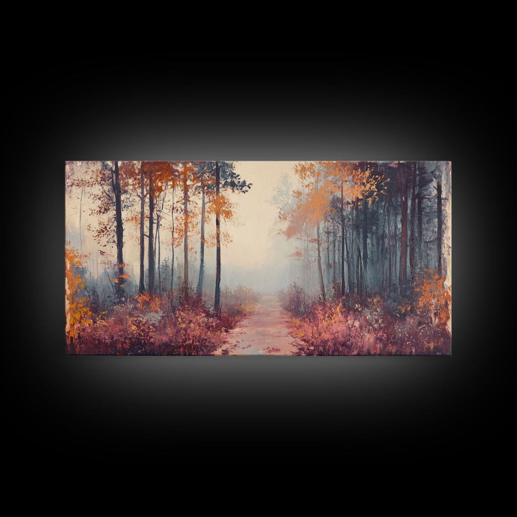 Misty Autumn Woods Framed Canvas Print, Moody Fall Pathway Art, Fall Home Decor, Modern Farmhouse Seasonal Wall Art, Holiday Gift Idea