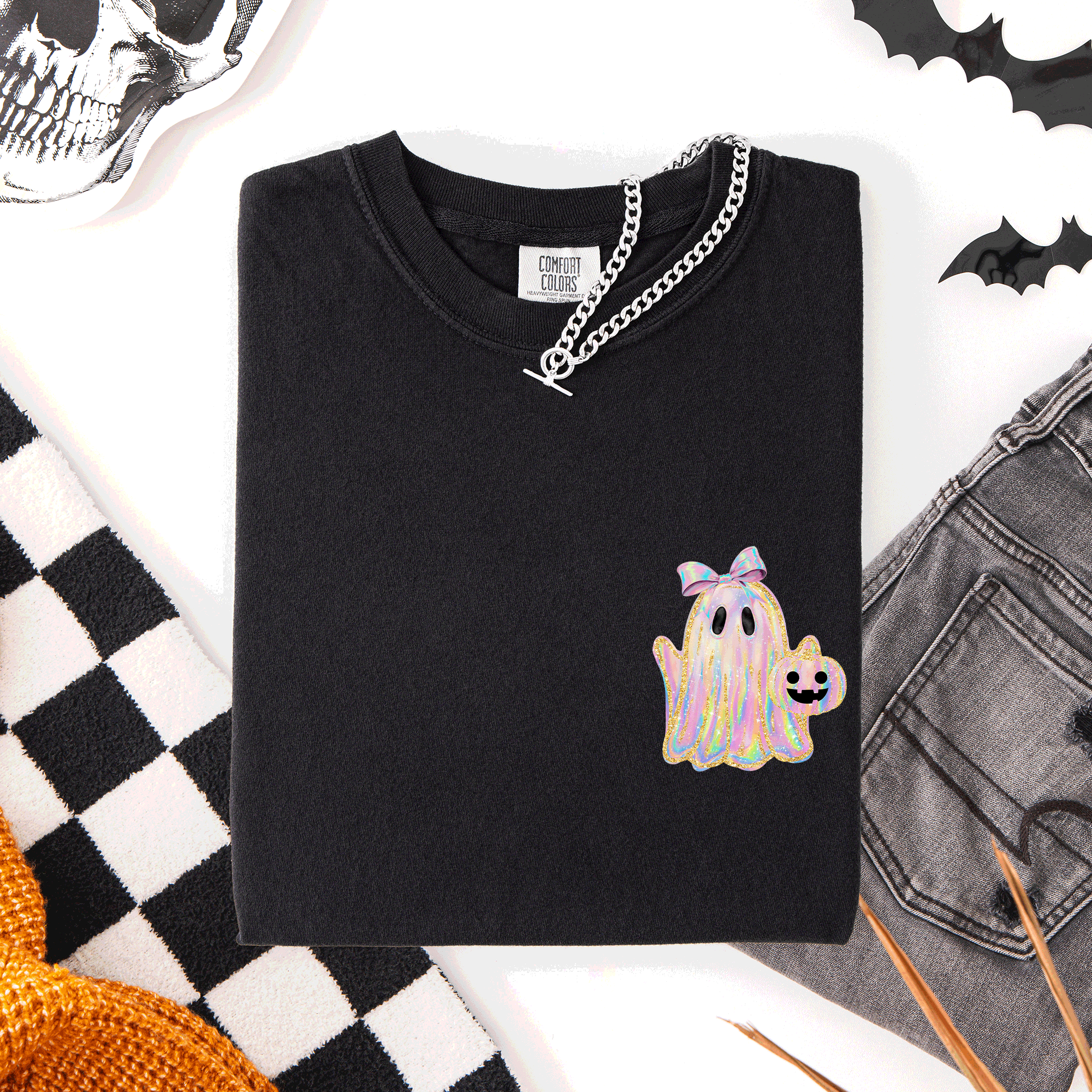 Cute Ghost Coquette Ribbon Faux Glitter Halloween Pocket Detail Comfort Colors Tee
