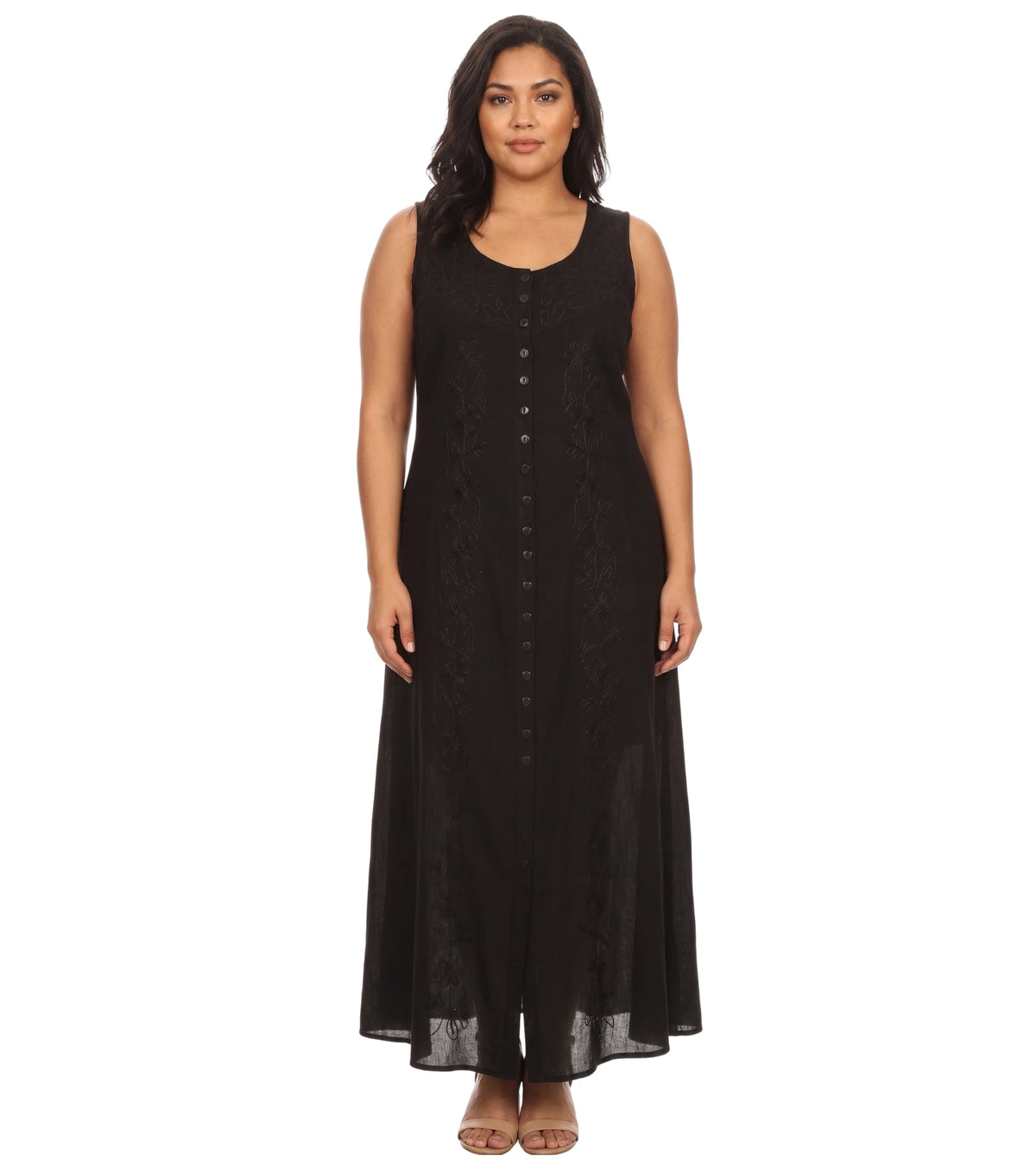 Sakkas Maya Floral Embroidered Sleeveless Button Up Rayon Dress