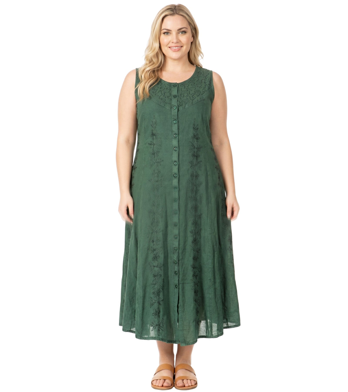 Sakkas Maya Floral Embroidered Sleeveless Button Up Rayon Dress