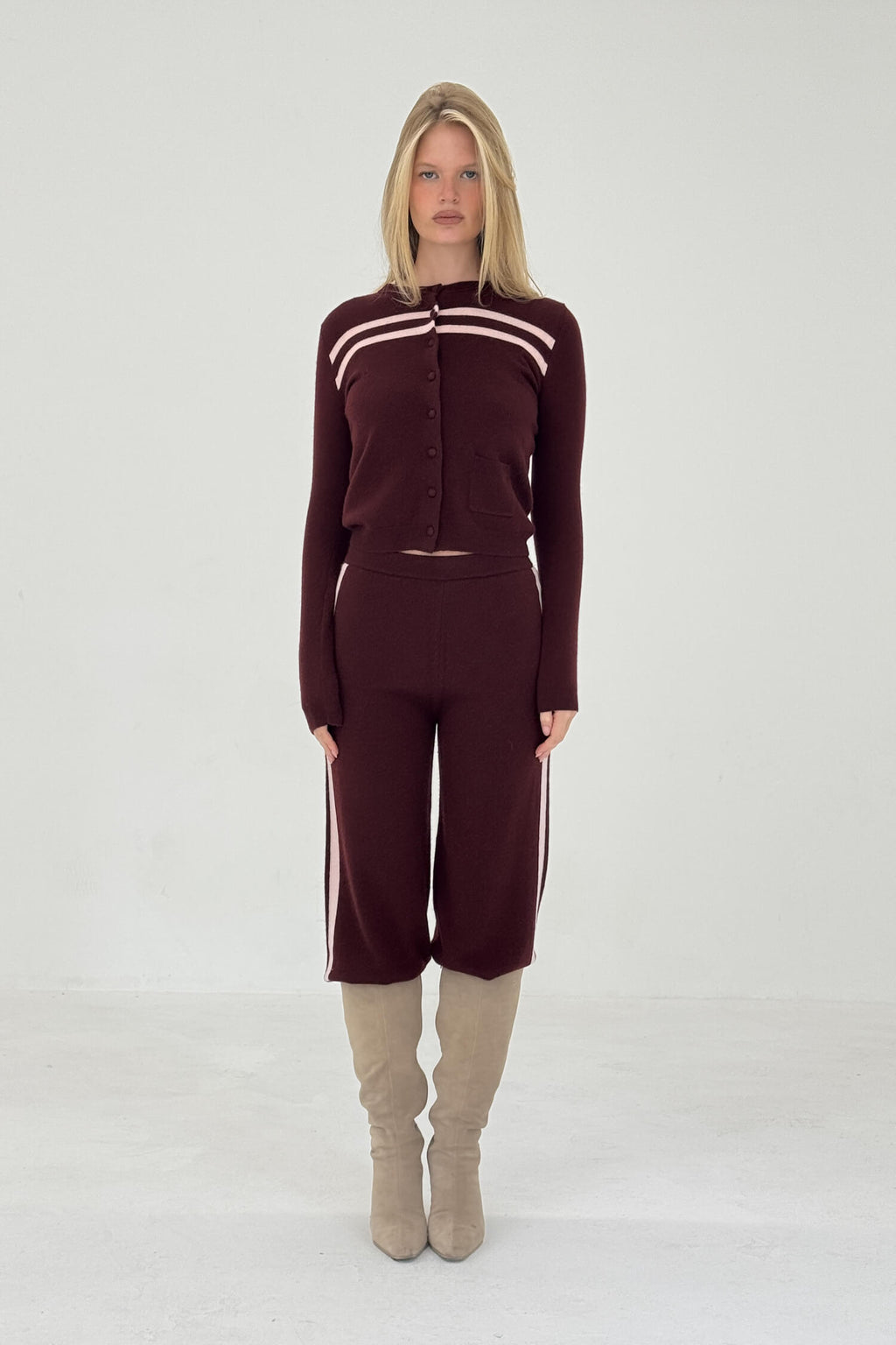 CASHMERE WOOL STRIPE CARDIGAN IN RASPBERRY CREAM