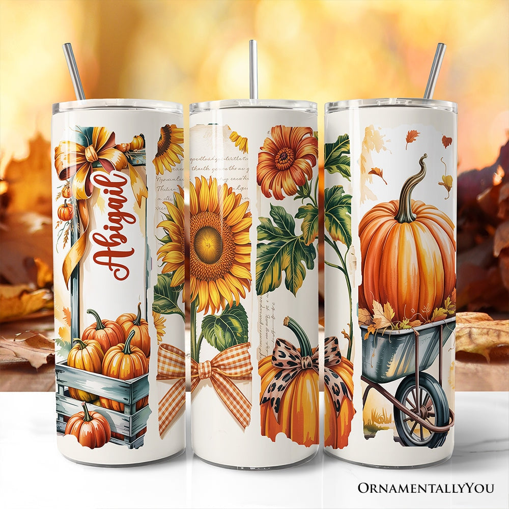 Pumpkin Season 20oz Personalized Tumbler With Lid and Stainless Steel Straw, Fall Sunflower Coquette Bow Autumn Gift Cup