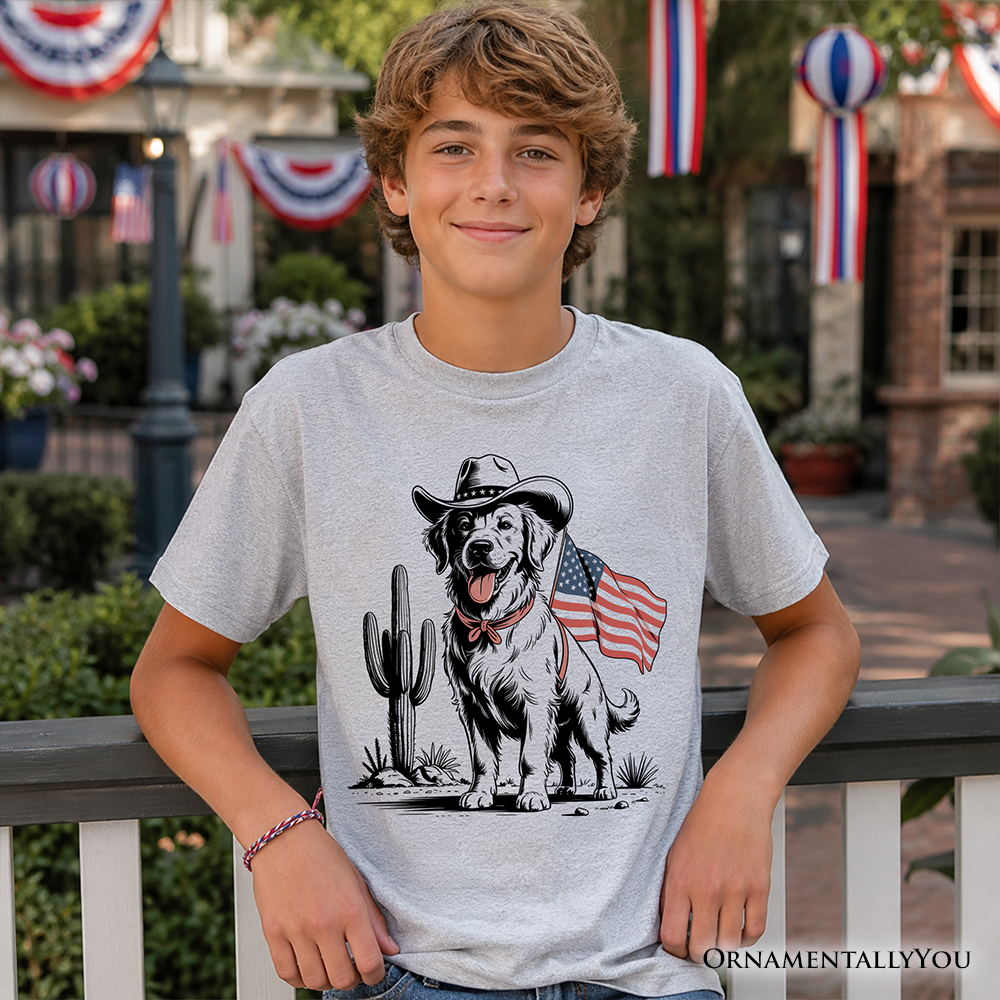 Kids American Cowboy Dog T-Shirt, Western Youth 4th of July Tee for Pet Lovers