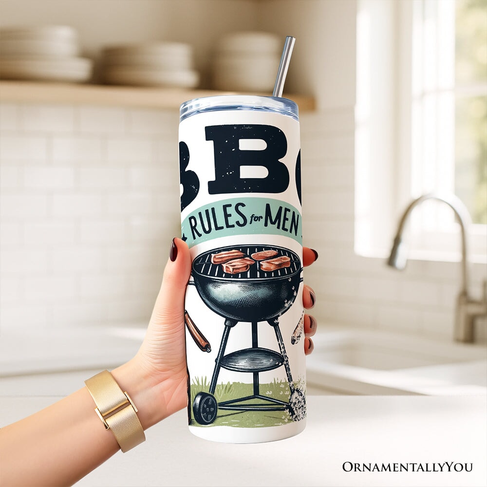 Funny BBQ Rules For Men 20oz Personalized Tumbler With Lid and Stainless Steel Straw, Backyard Grill Guide Humor Gift Cup