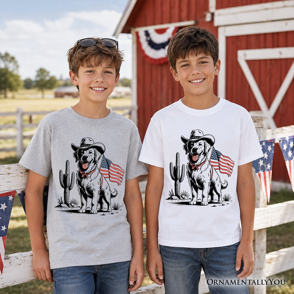 Kids American Cowboy Dog T-Shirt, Western Youth 4th of July Tee for Pet Lovers