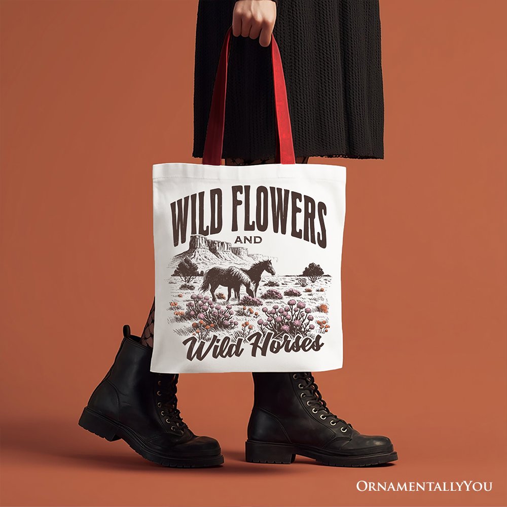 Wild Flowers and Wild Horses Canvas Tote Bag, Retro Western Gift for Free-Spirited Women