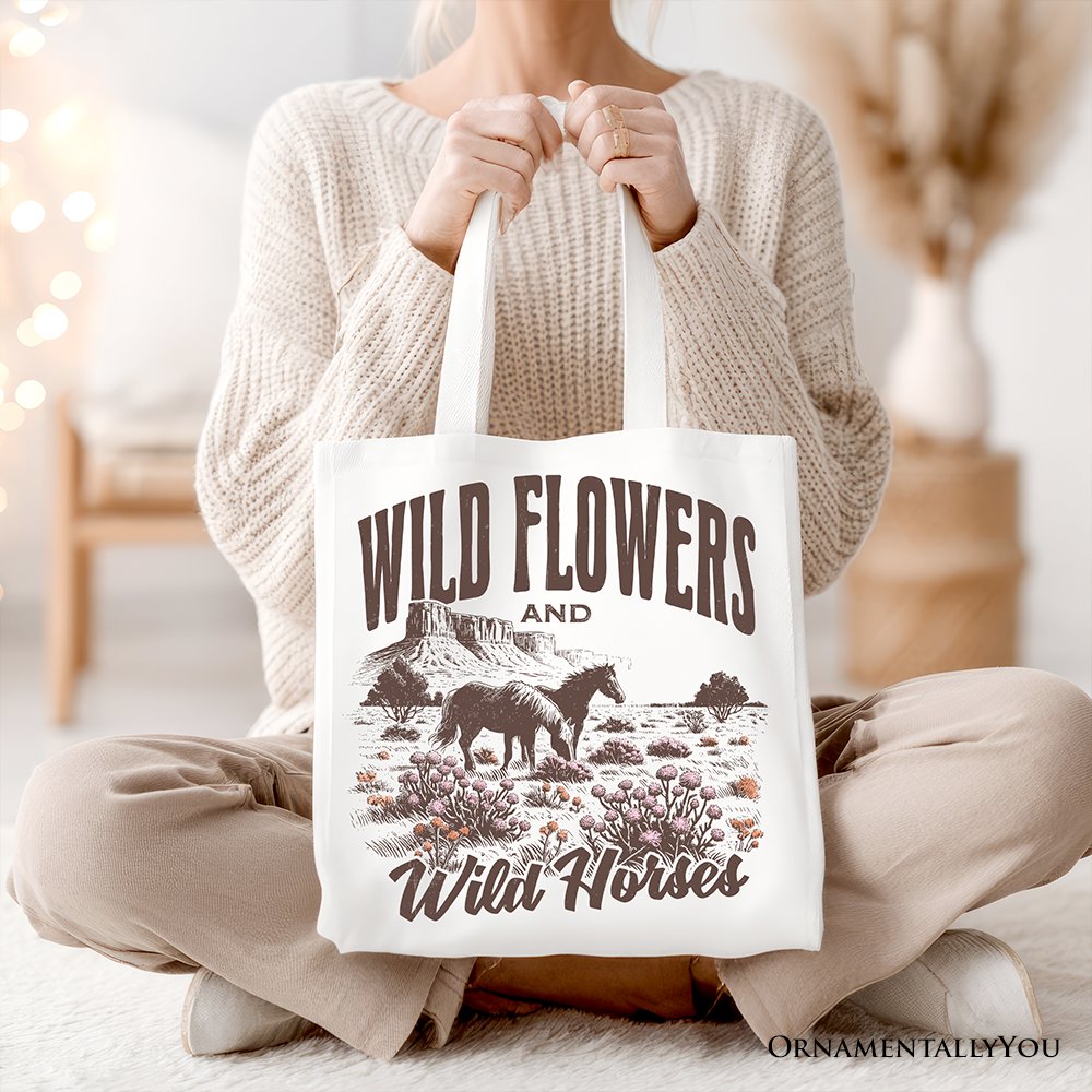 Wild Flowers and Wild Horses Canvas Tote Bag, Retro Western Gift for Free-Spirited Women