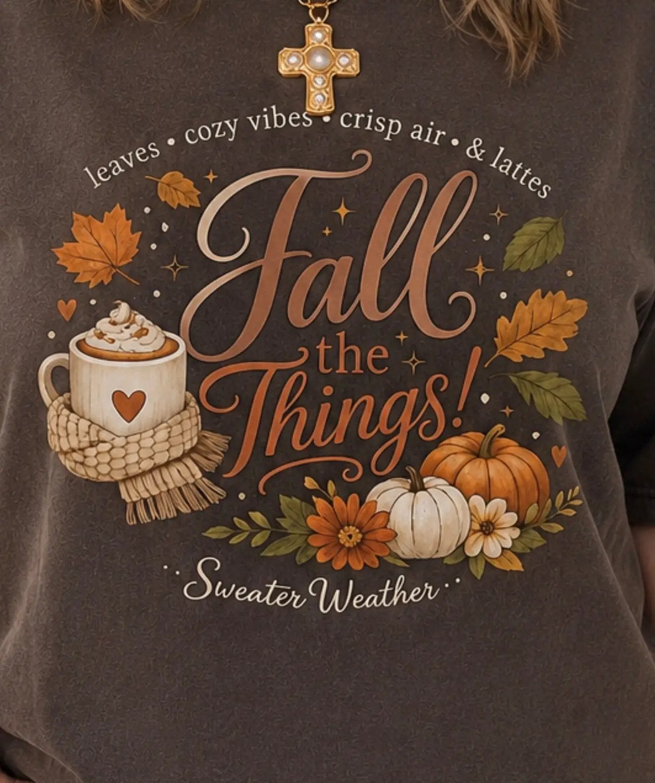 Fall the Things Womens Cozy Fall Coffee Pumpkin Tee Espresso Dyed Vintage Graphic Autumn Apparel