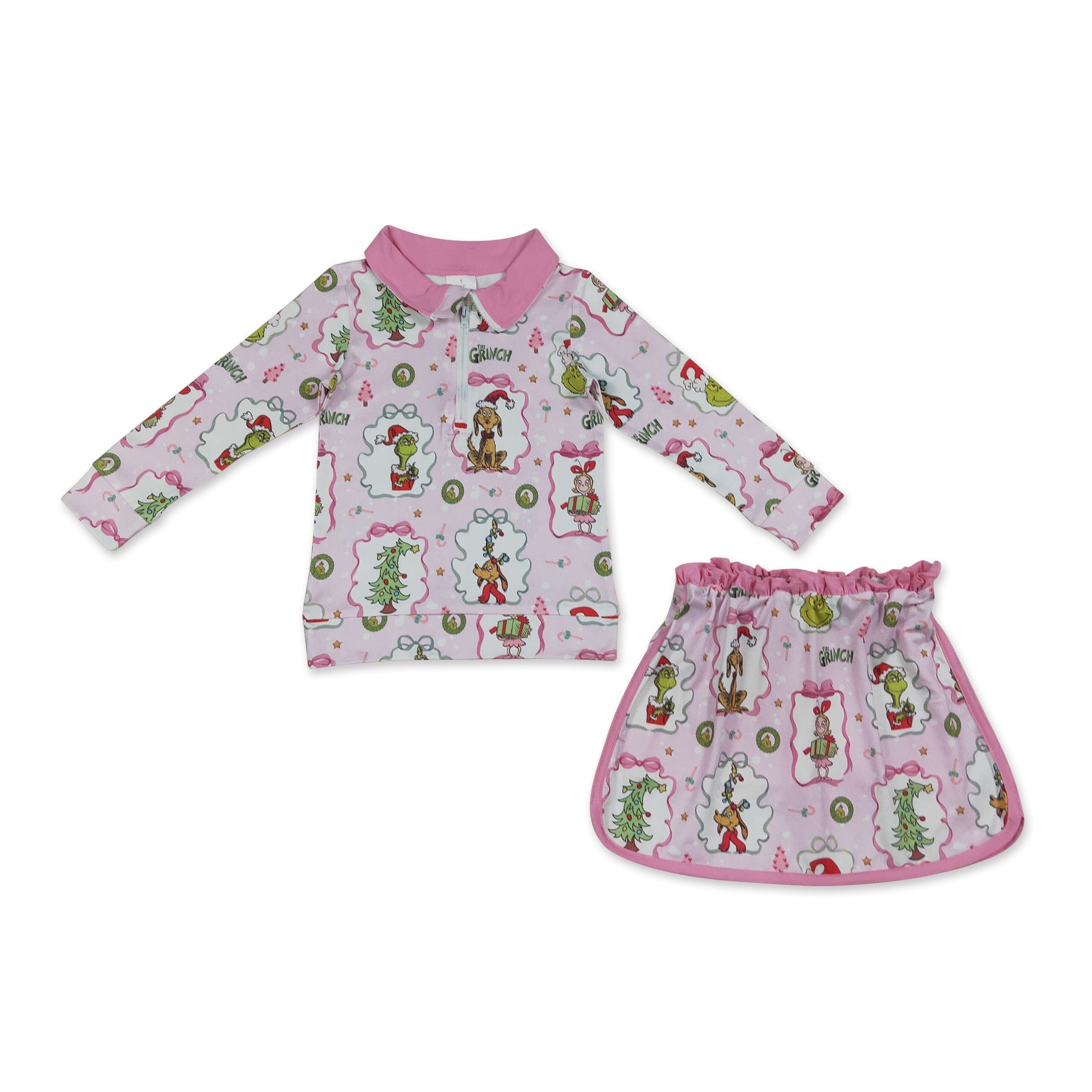 Pink bow green face pullover skirt girls Christmas outfit