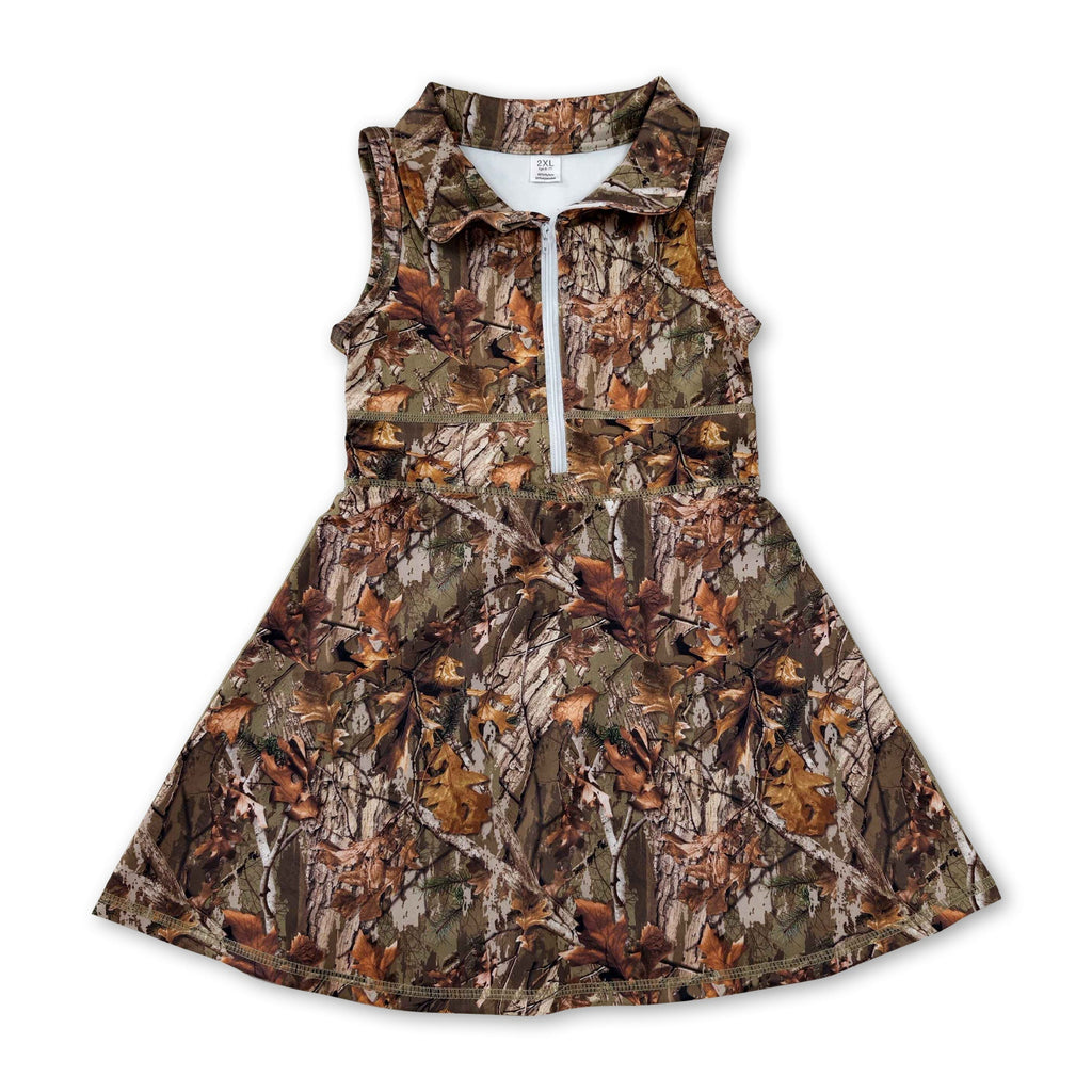 Sleeveless leaves camo zipper kids girls athletic dresses