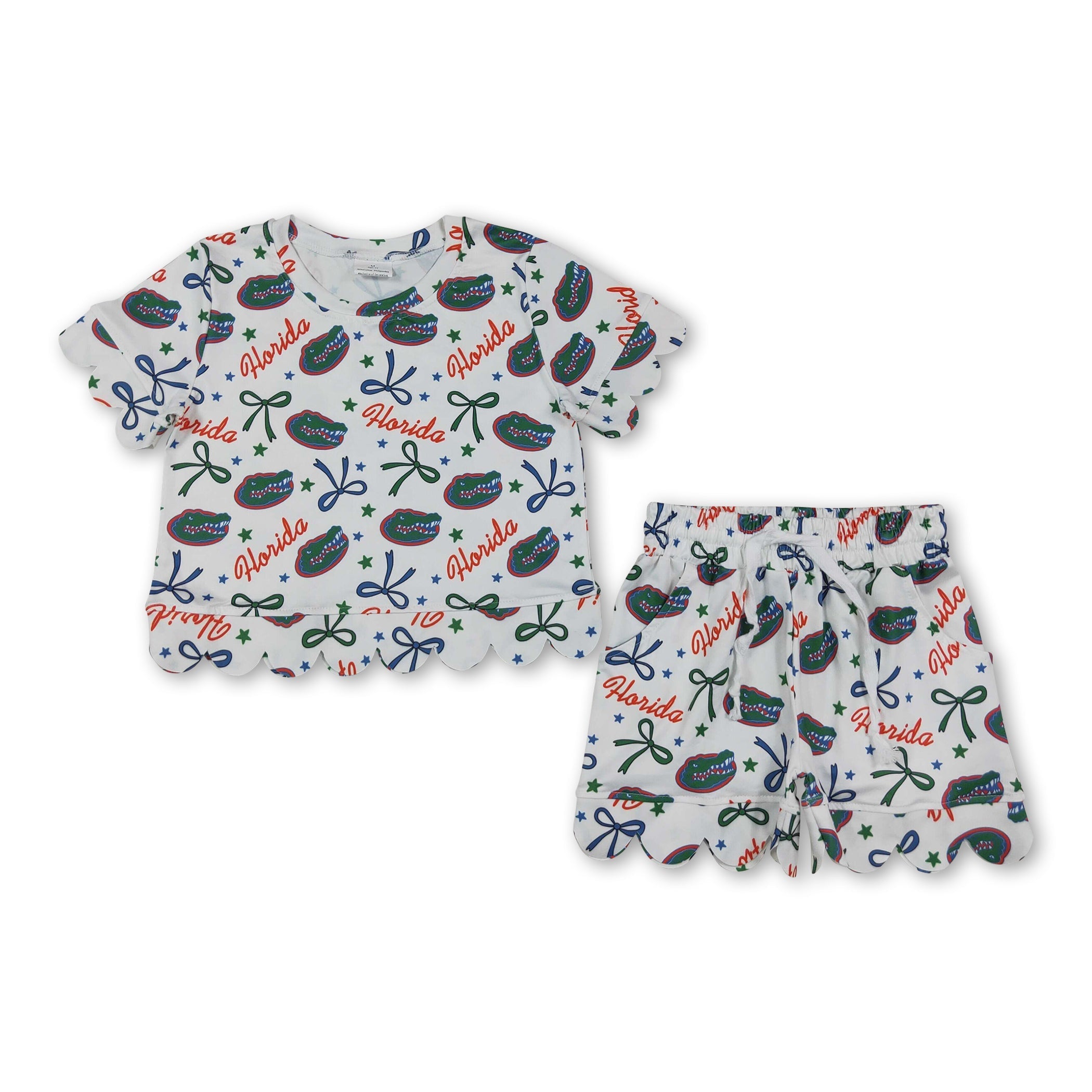 Short sleeves crocodile bow scallop girls team outfits