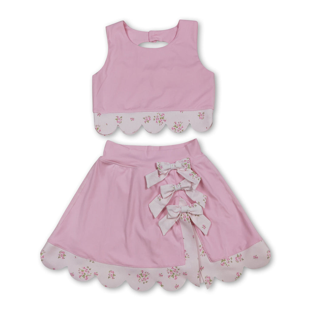 Pink sleeveless bow scallop kids girls active wear set