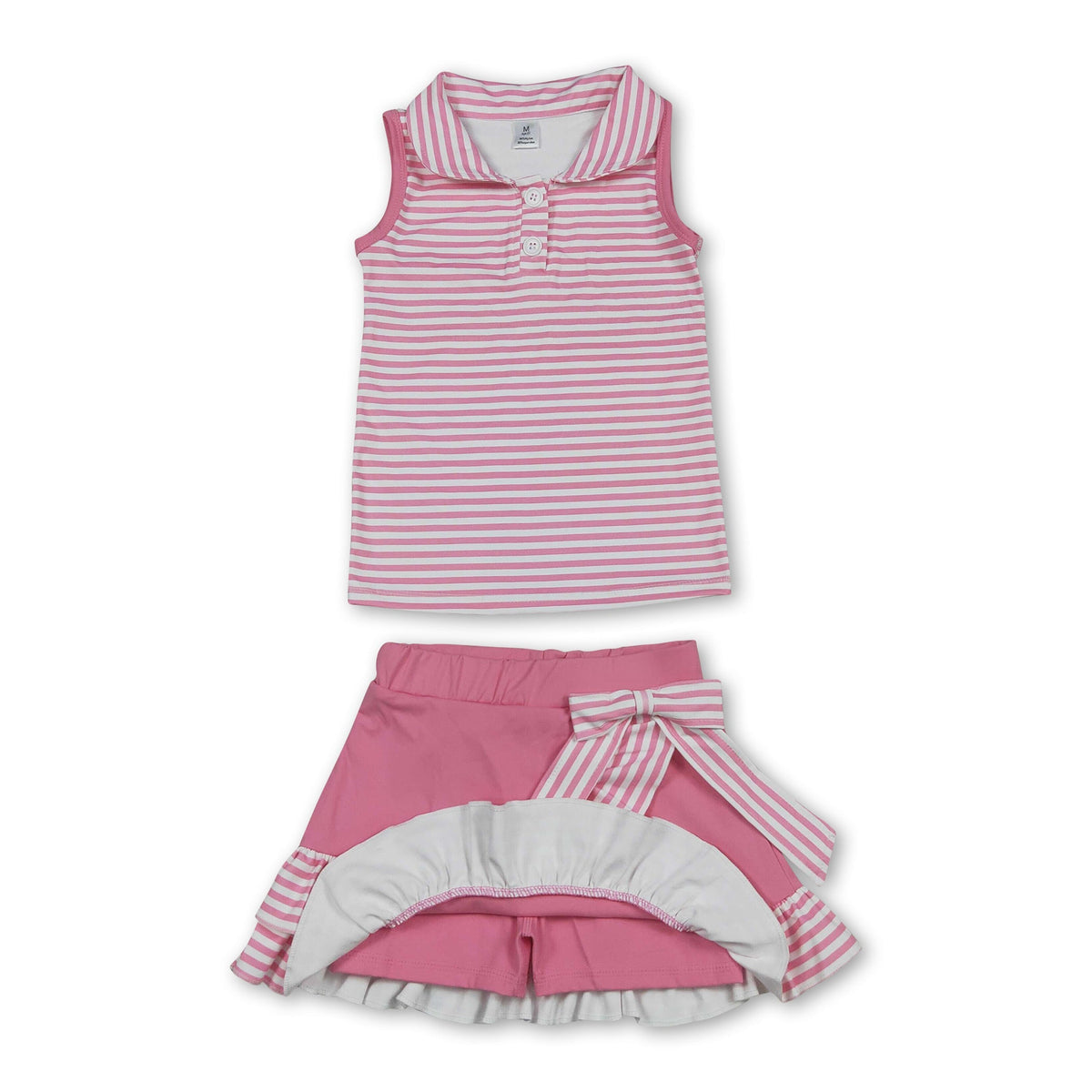 Sleeveless pink stripe polo shirt skirt girls active wear set