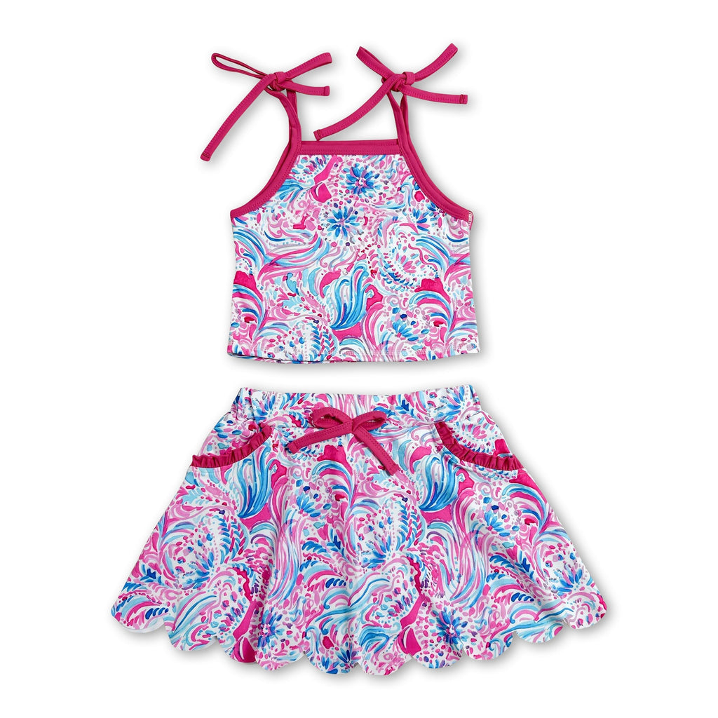 Hot pink straps watercolor top skirt kids girls active outfits