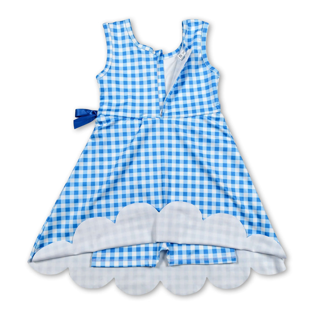 Sleeveless light blue plaid scallop kids girls athletic dresses