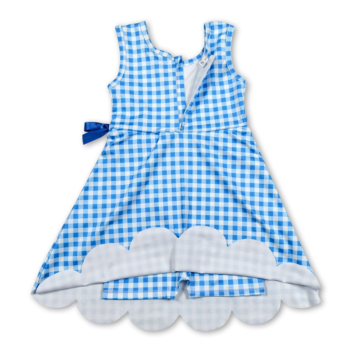 Sleeveless light blue plaid scallop kids girls athletic dresses
