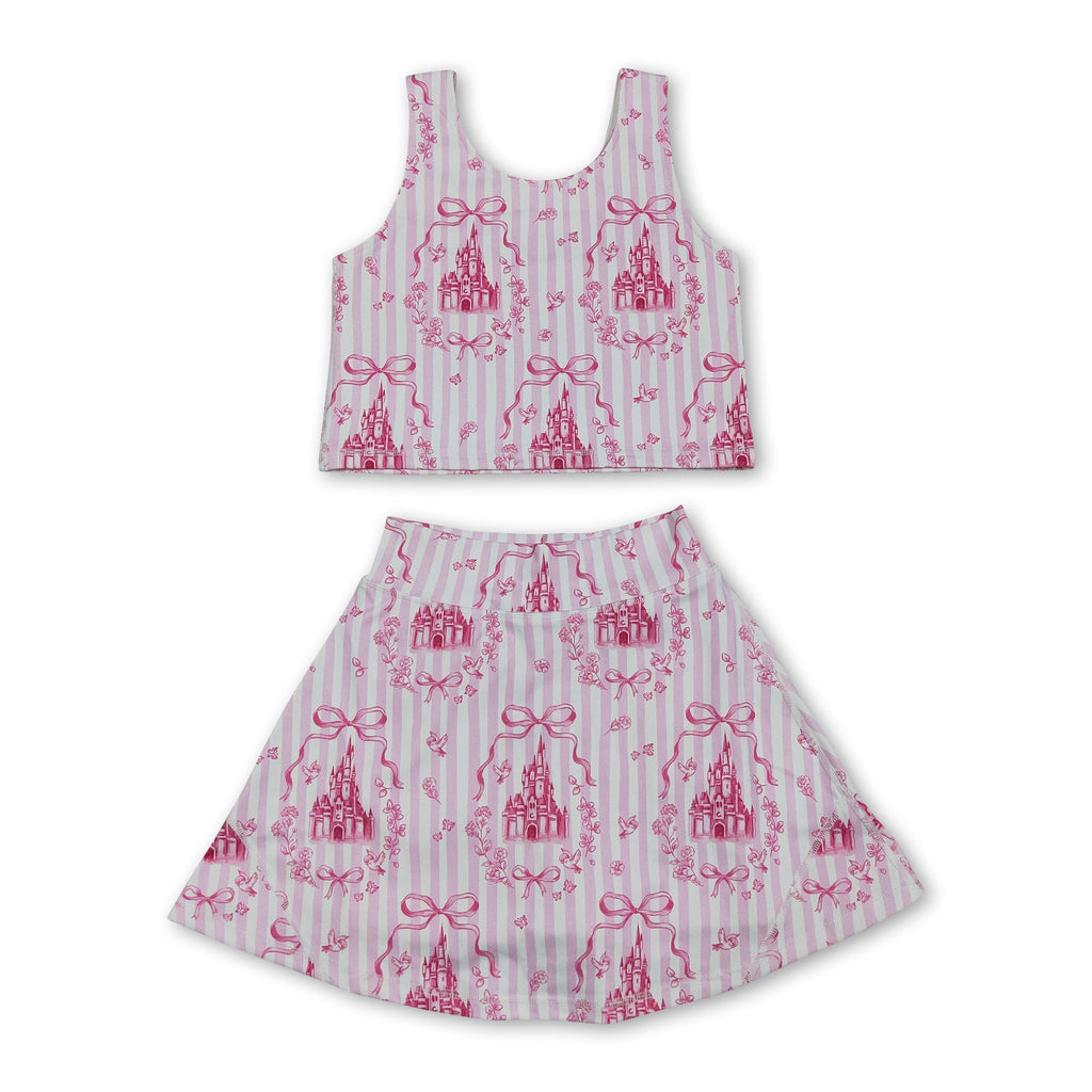 Pink stripe castle crop top bow skirt girls summer active set