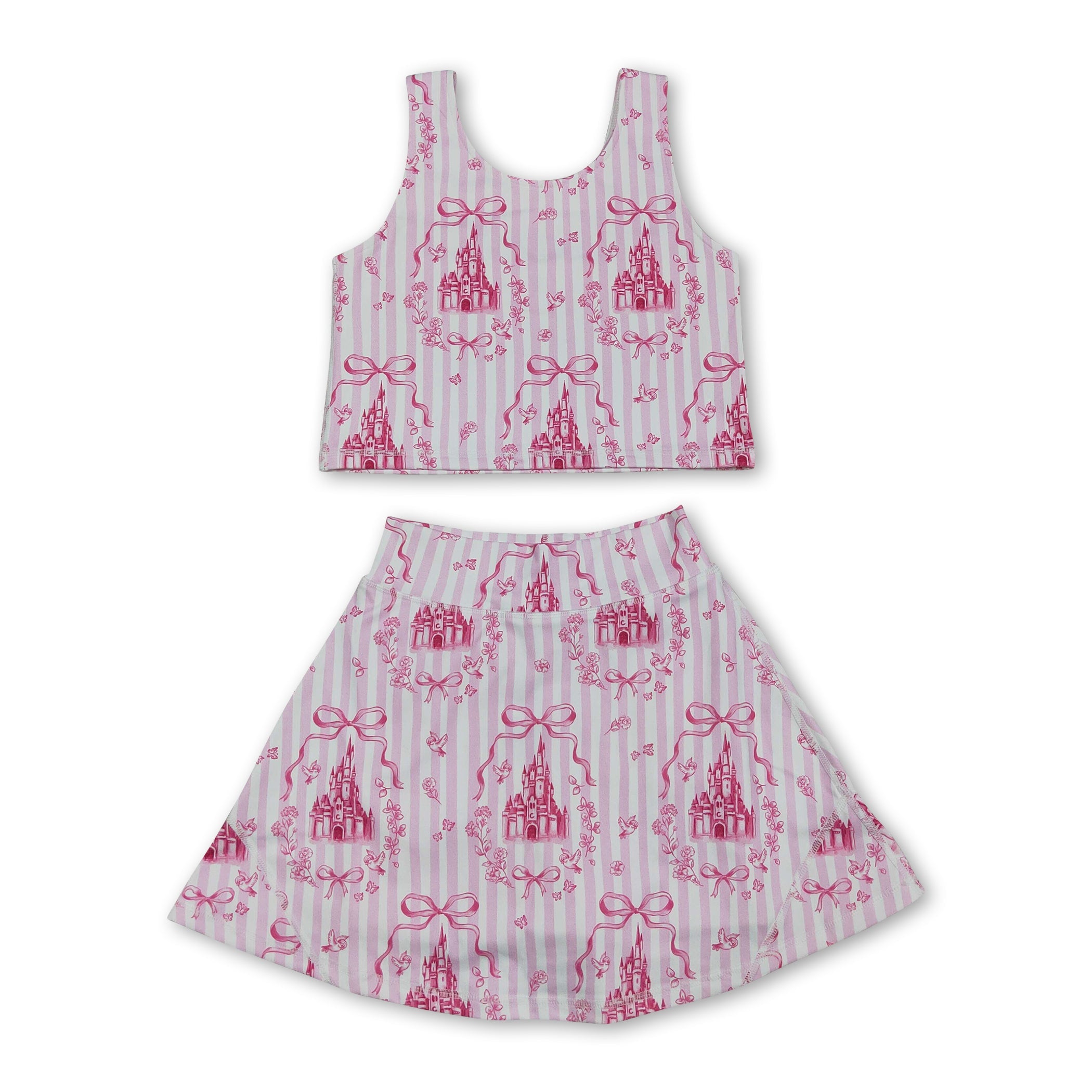 Pink stripe castle crop top bow skirt girls summer active set