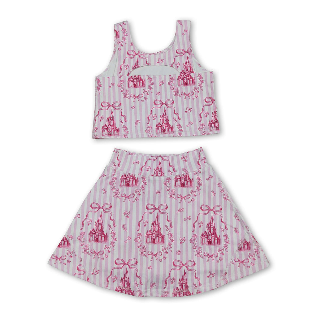 Pink stripe castle crop top bow skirt girls summer active set