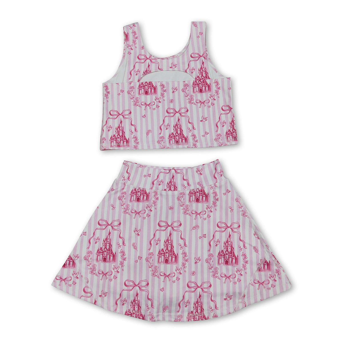 Pink stripe castle crop top bow skirt girls summer active set