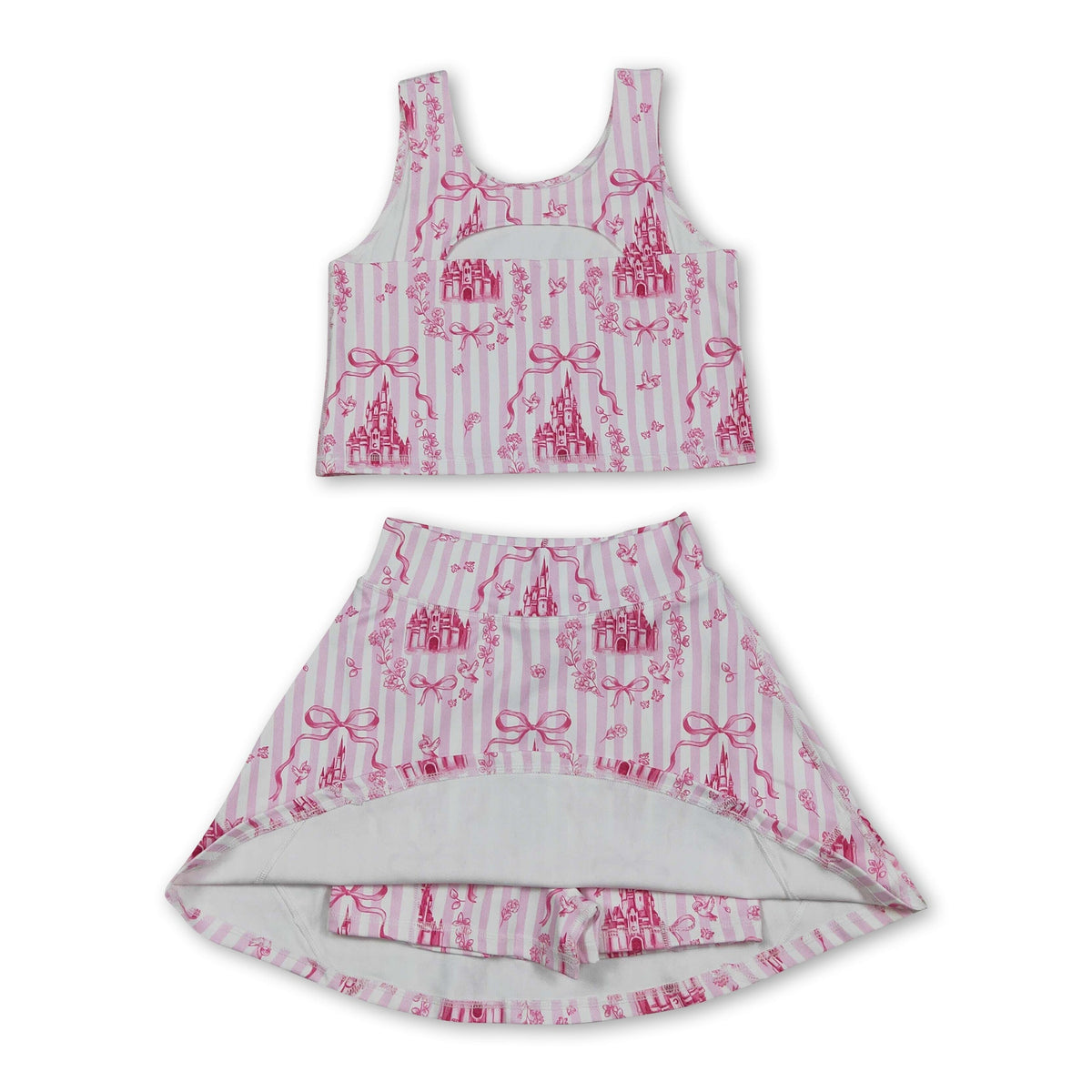 Pink stripe castle crop top bow skirt girls summer active set