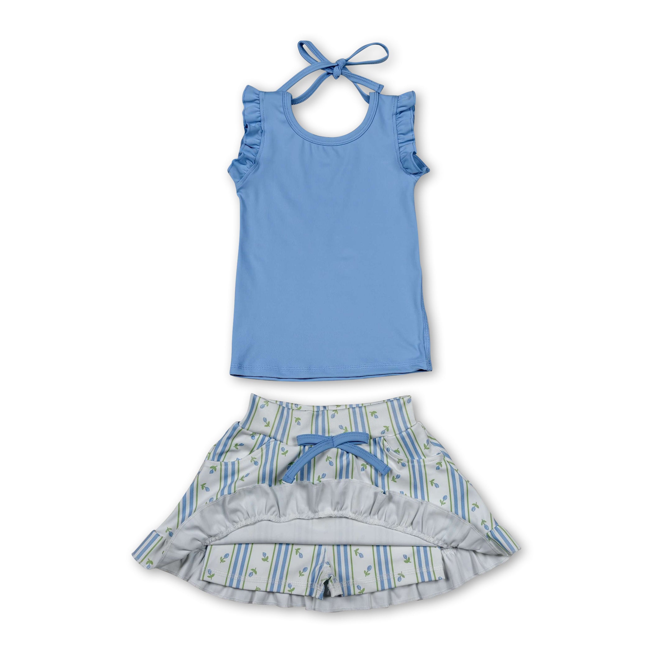 Sleeveless ruffle top floral stripe skirt girls active set