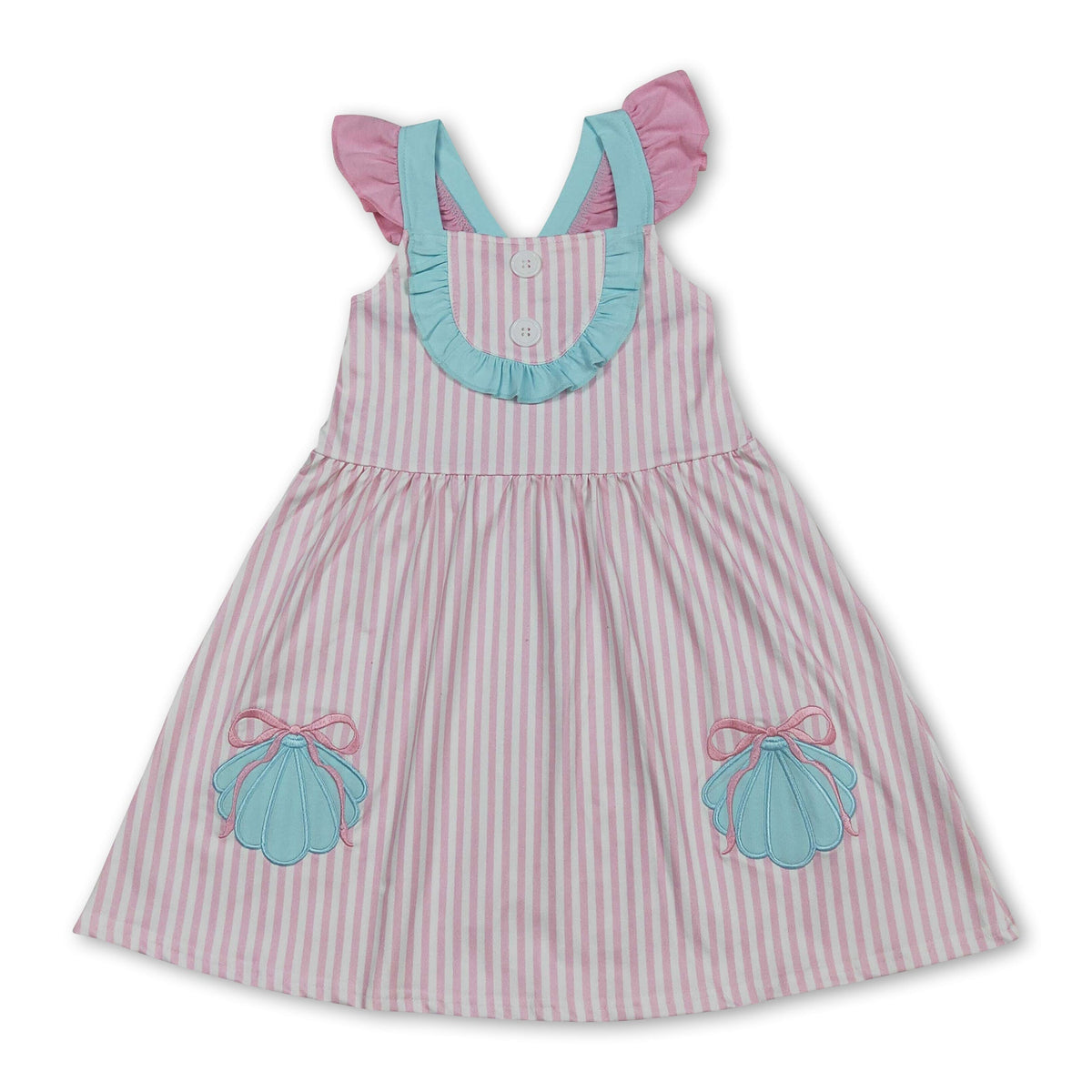 Flutter sleeves shell bow embroidery stripe girls dresses