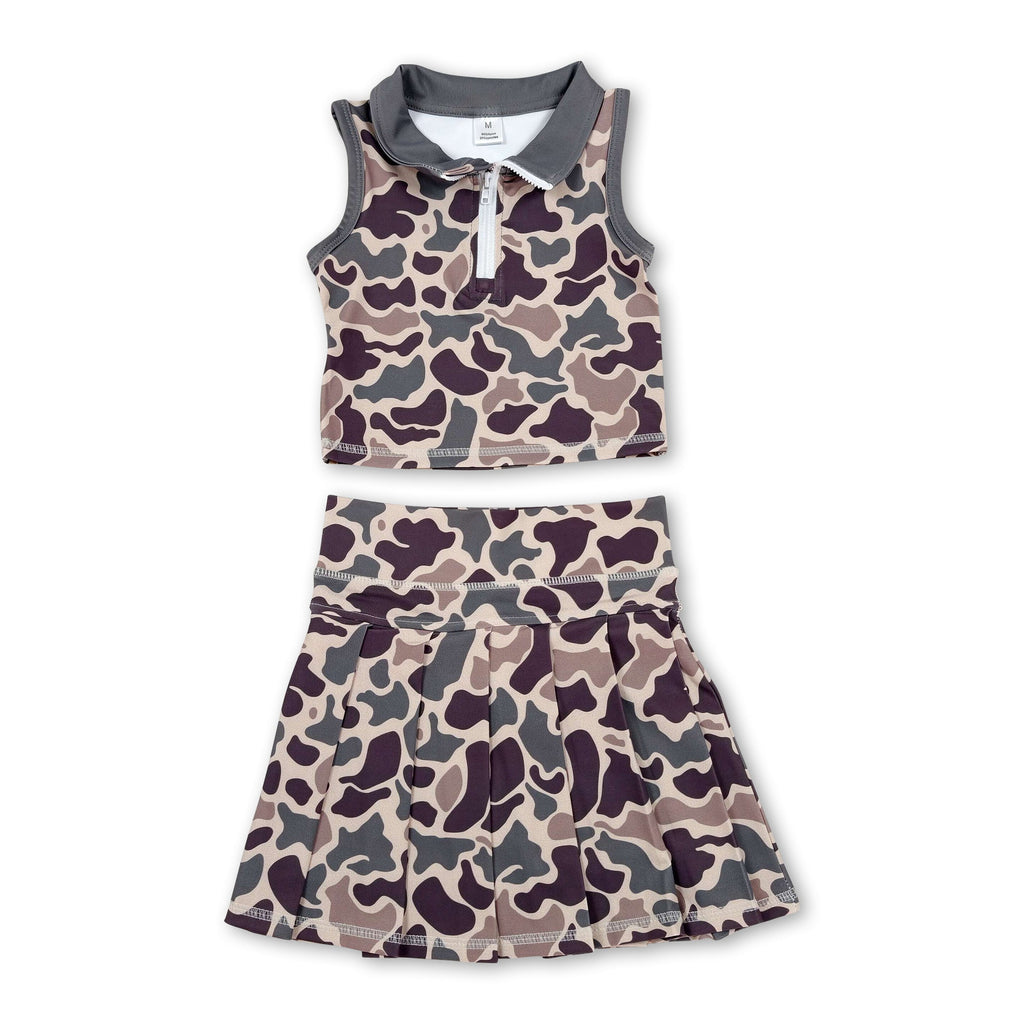 Sleeveless camo pullover pleated skirt girls active wear set