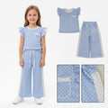 Blue polka dots flutter sleeves top pants girls outfits