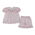 Short sleeves pink stripe watermelon embroidery girls outfits