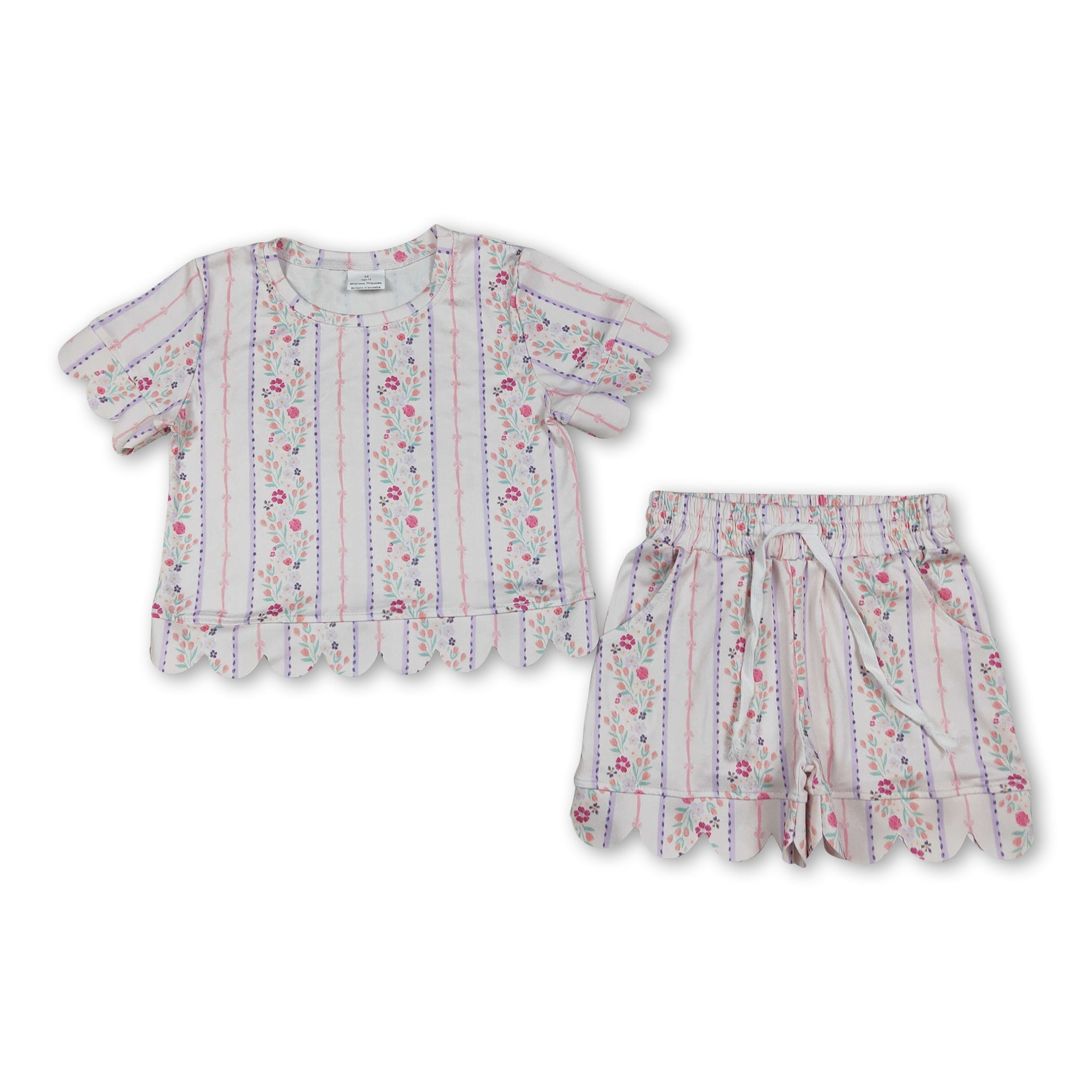 Short sleeves scallop floral toddler girls summer outfits