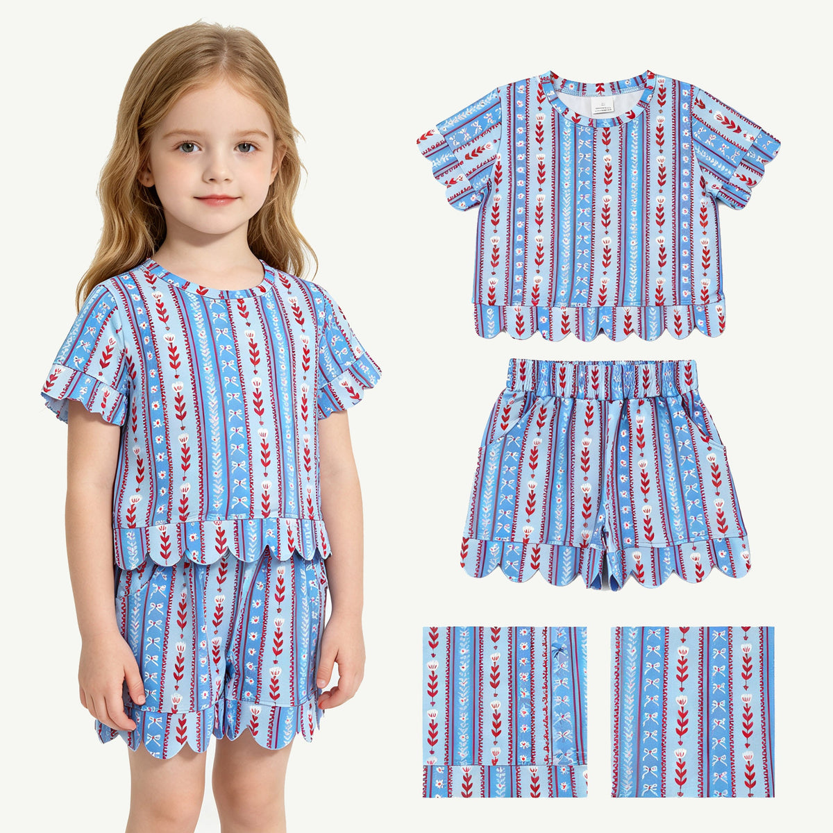 Short sleeves scallop blue floral bow girls summer clothes