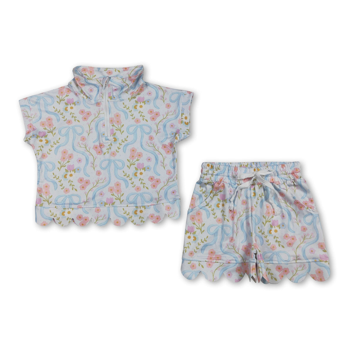 Short sleeves floral bow scallop pullover shorts girls outfits