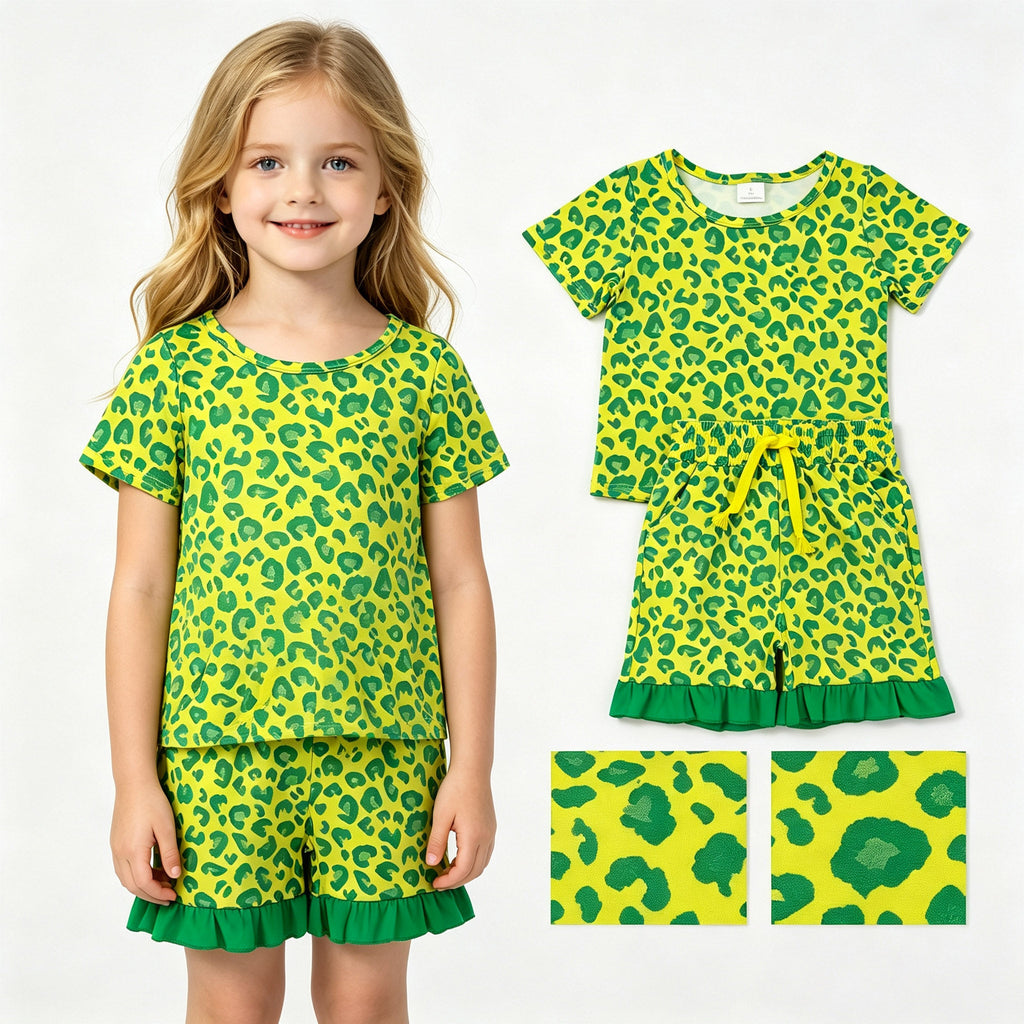 Short sleeves green ruffle leopard top shorts girls outfits