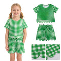 Short sleeves green plaid scallop top shorts girls team outfits
