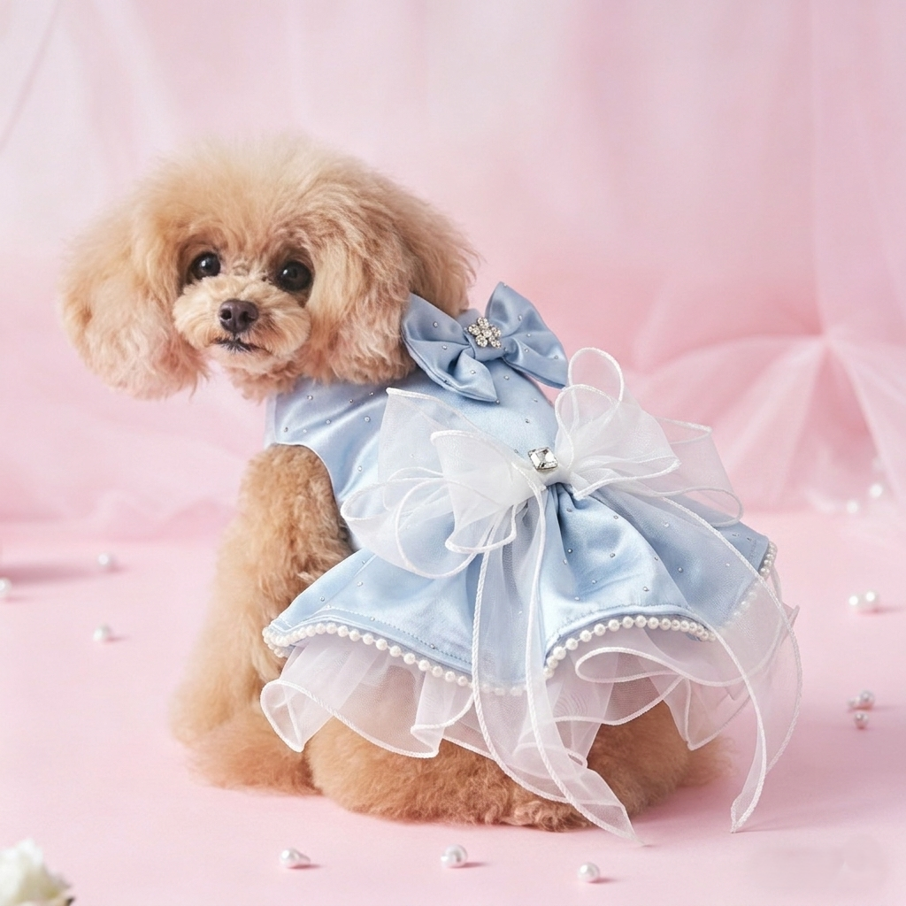 Blue Satin Dog Wedding Dress with Bow