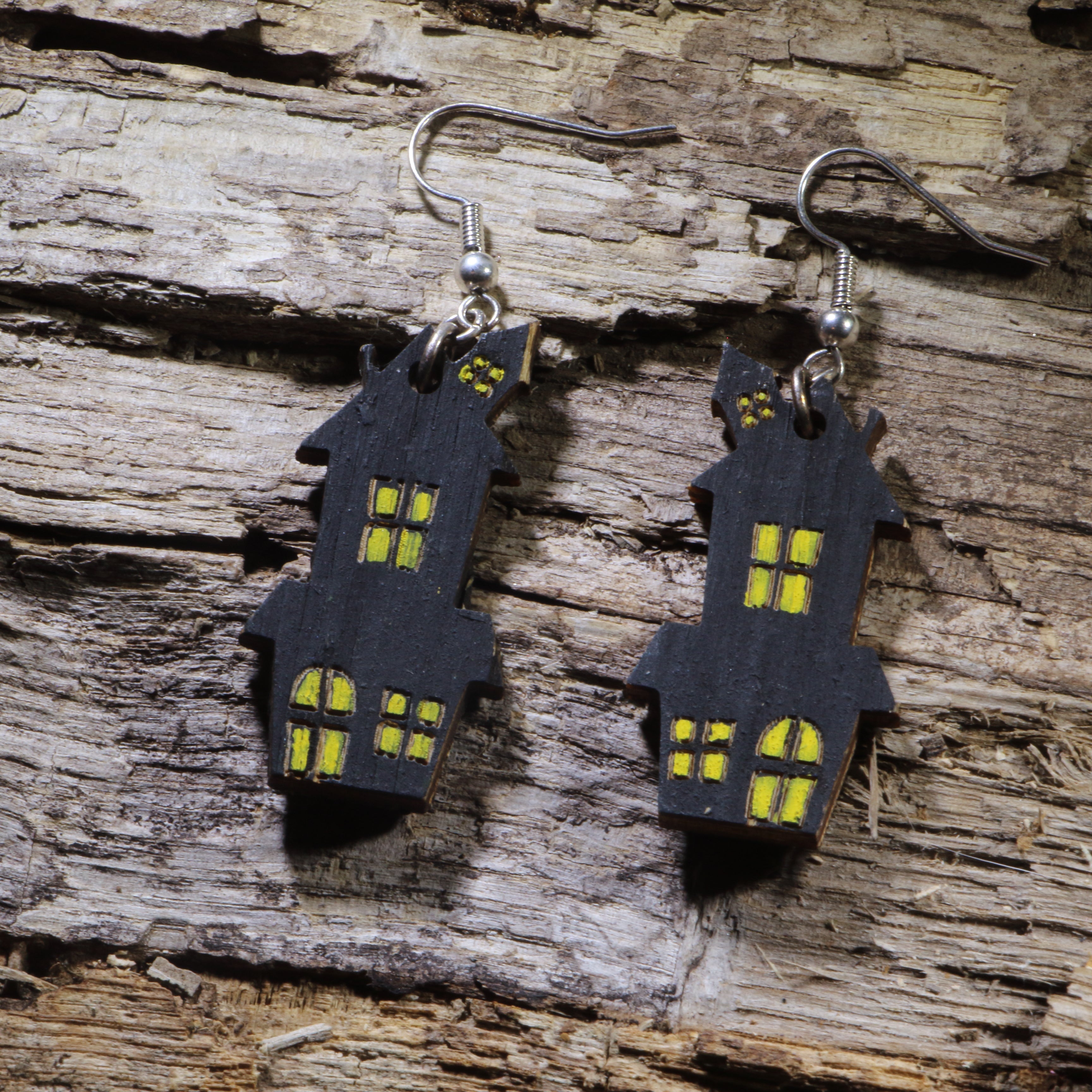 Haunted House Wooden Dangle Earrings | Halloween Spooky Jewelry