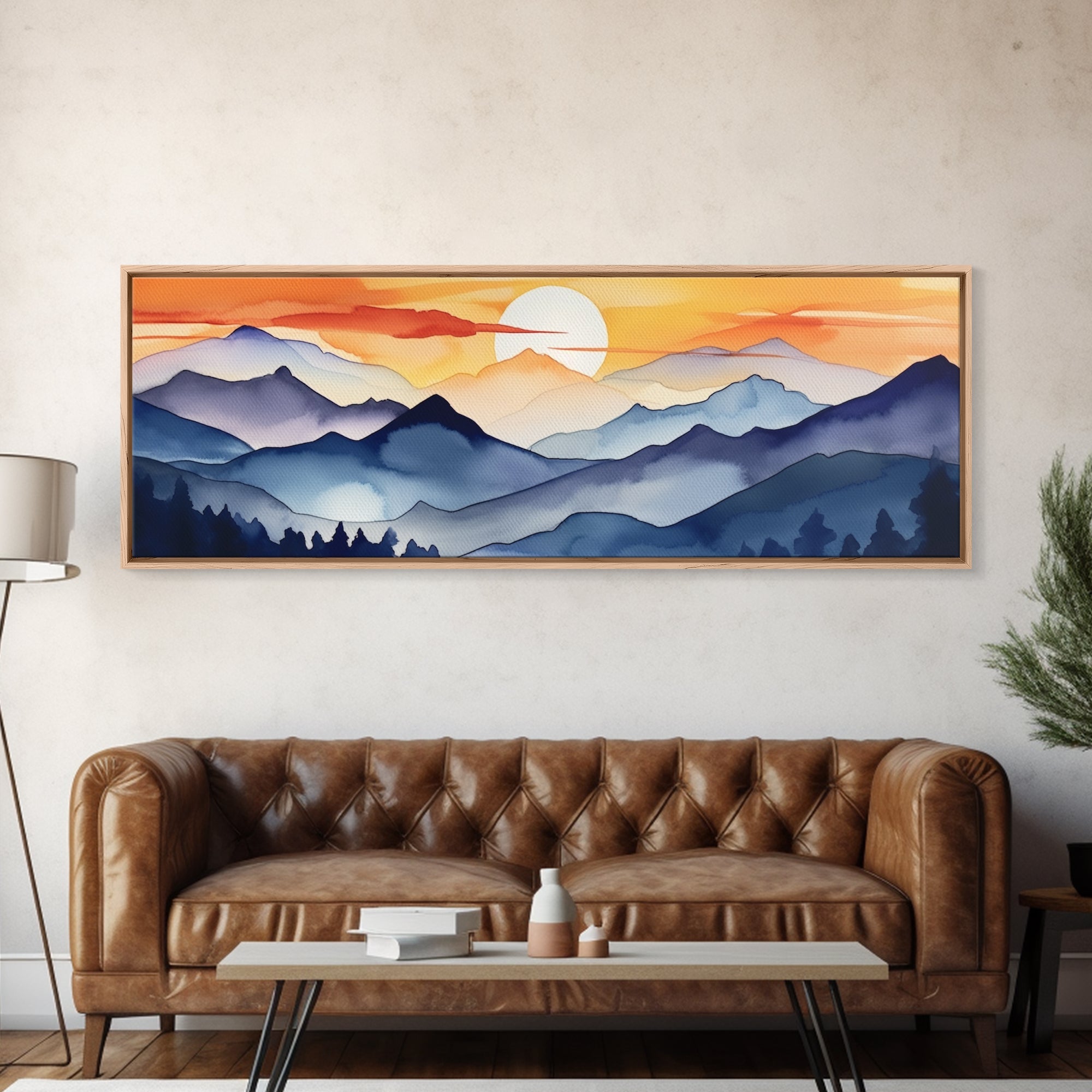 Midcentury Modern Watercolor Painting of a Mountain Sunset, Large Canvas Print, Mountain Artwork, Guest Room Art, Mountain Print, Panoramic