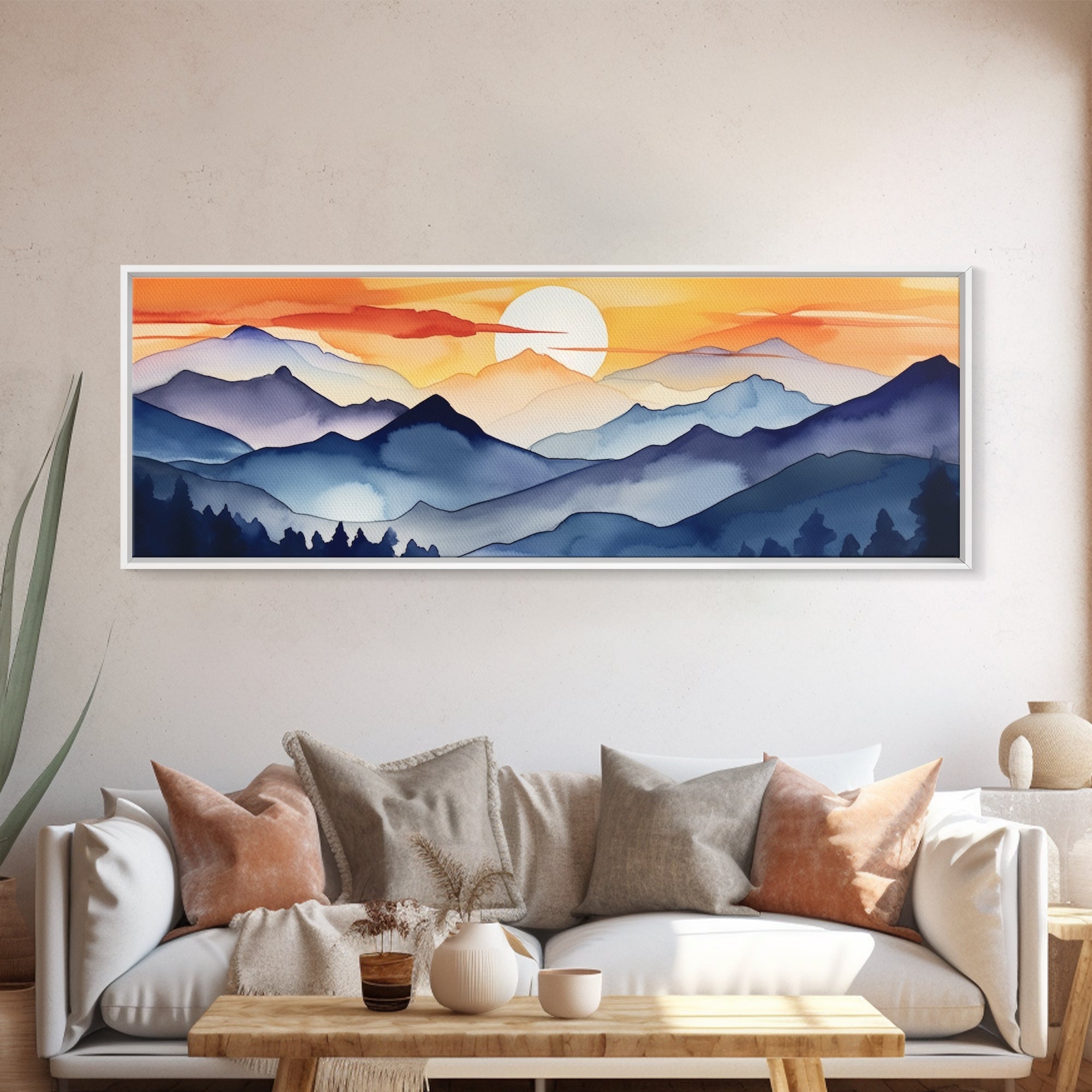 Midcentury Modern Watercolor Painting of a Mountain Sunset, Large Canvas Print, Mountain Artwork, Guest Room Art, Mountain Print, Panoramic