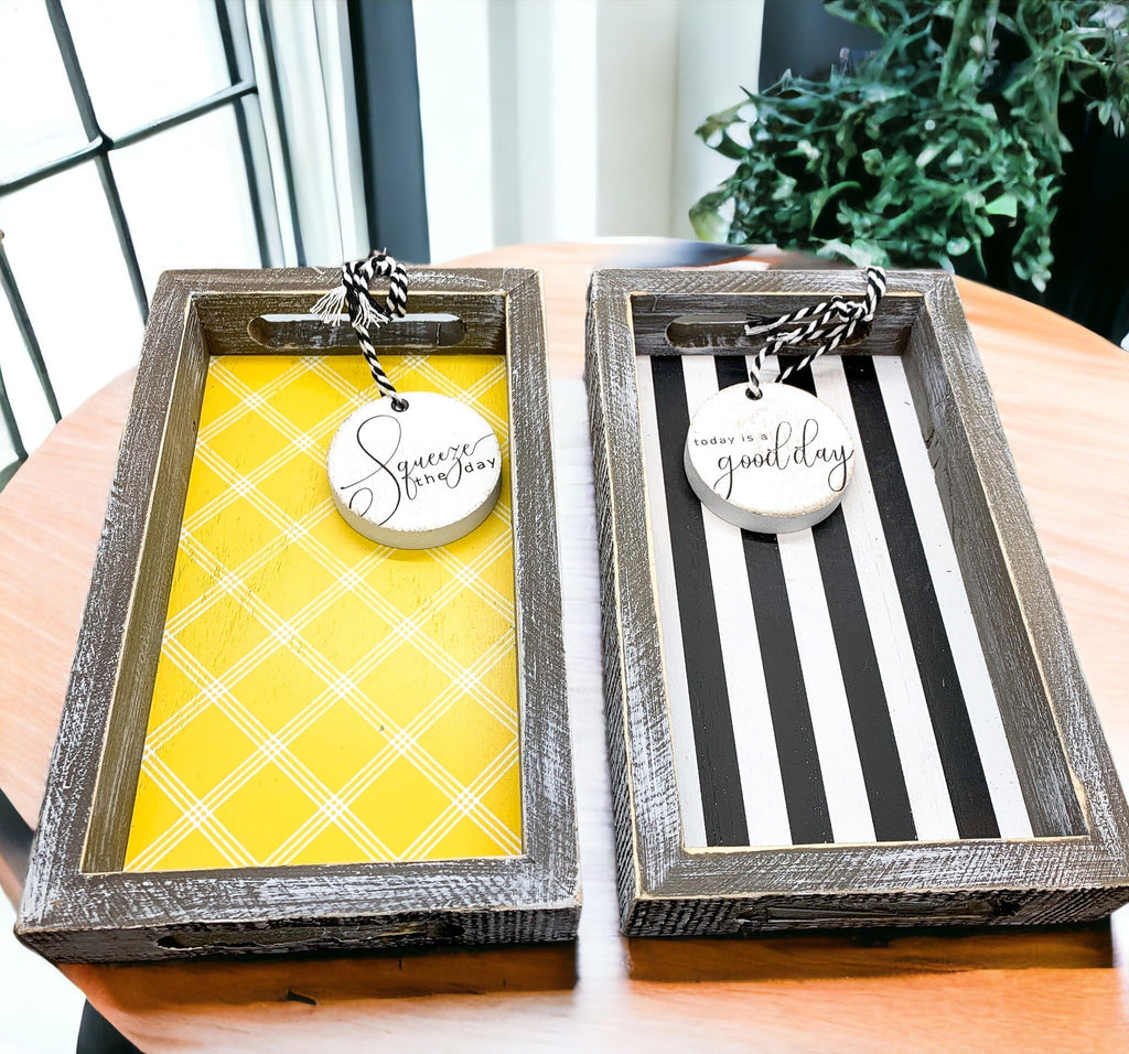 Farmhouse Modern Wooden Tray Black White Striped Decorative Serving Tray 10 x 6 x 1.5 Inch