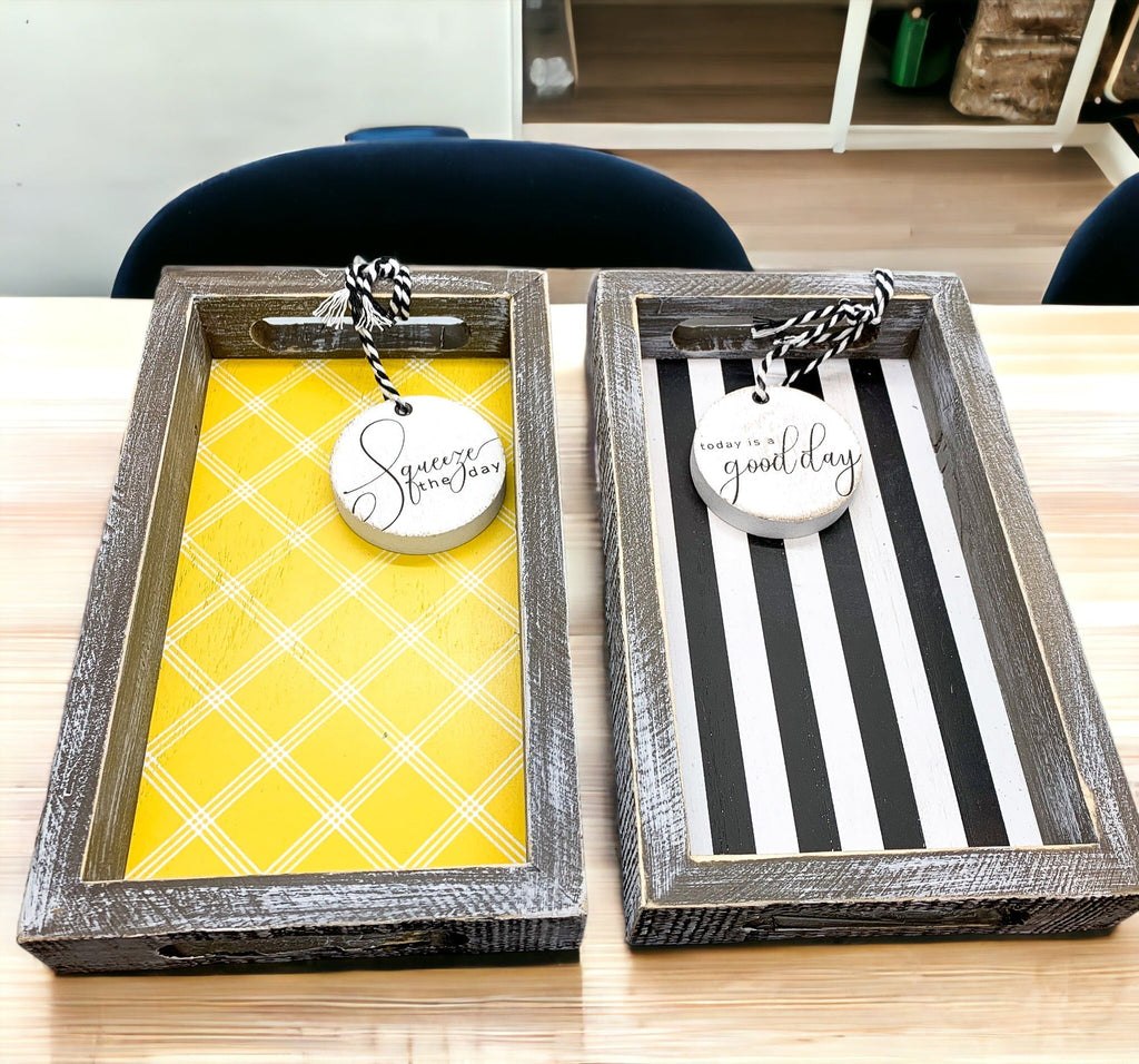 Farmhouse Modern Wooden Tray Black White Striped Decorative Serving Tray 10 x 6 x 1.5 Inch