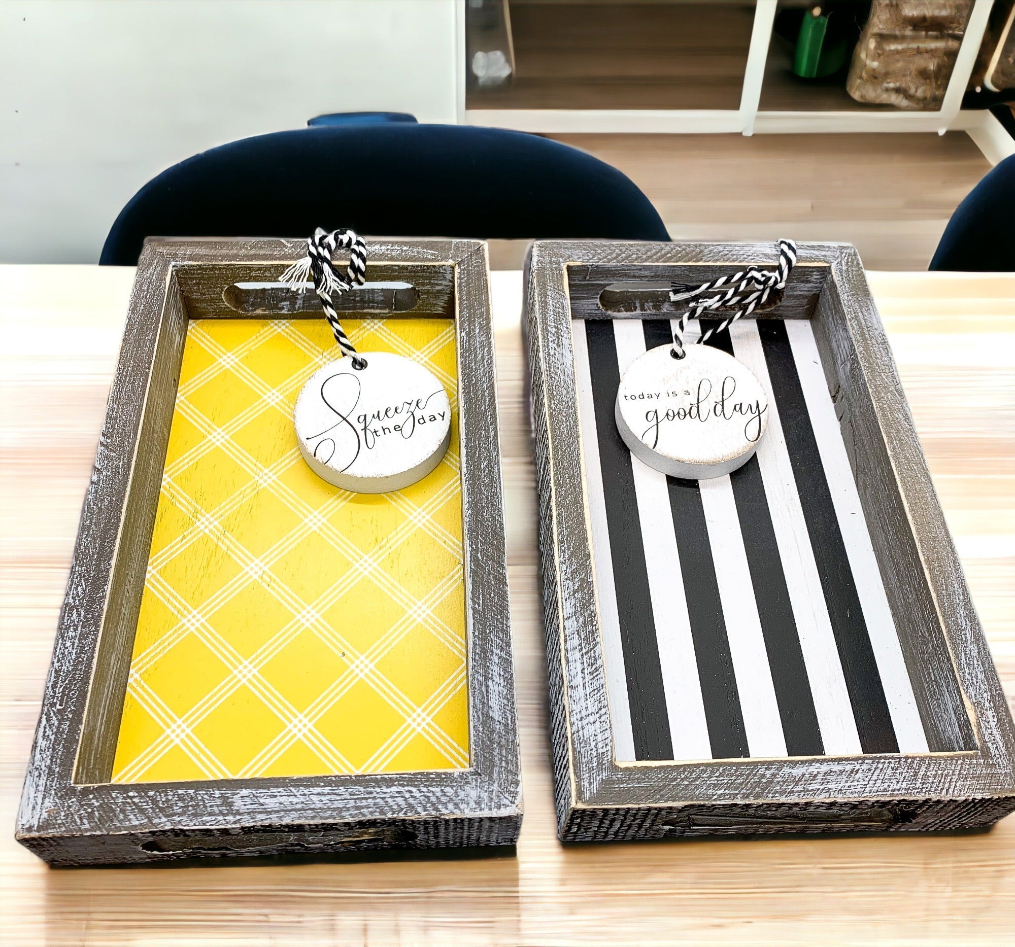 Farmhouse Modern Wooden Tray Black White Striped Decorative Serving Tray 10 x 6 x 1.5 Inch